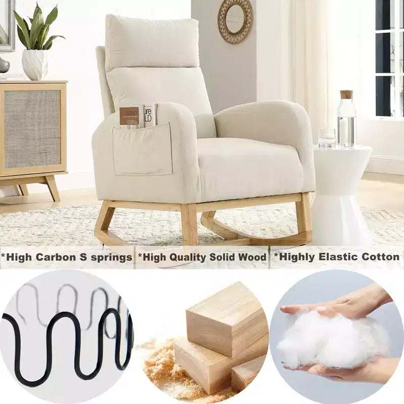 Sillón mecedora deslizante tapizado beige/café/gris/marfil con bolsillos laterales, asiento individual