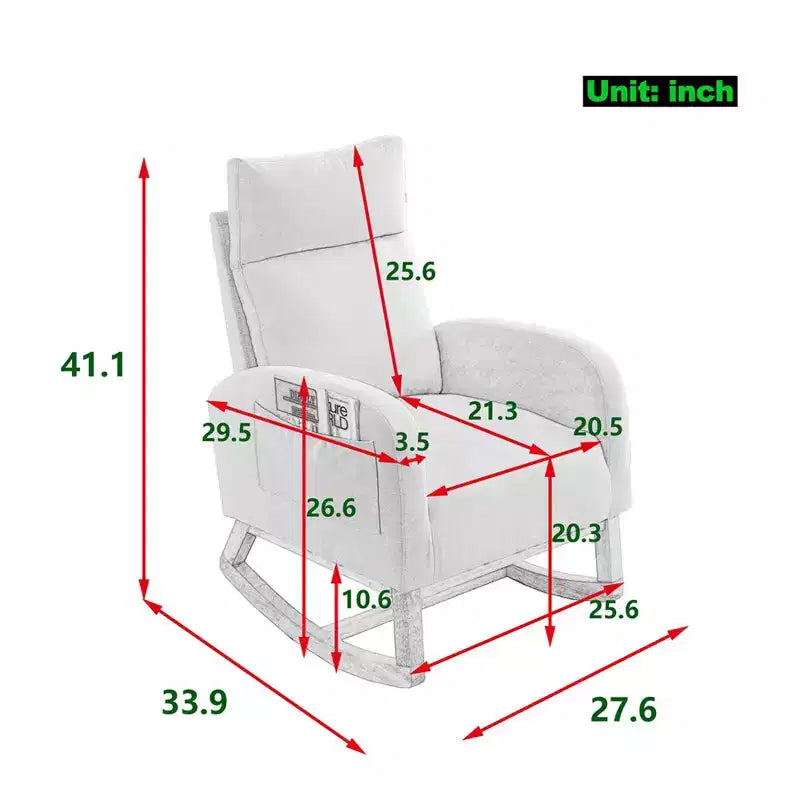 Sillón mecedora deslizante tapizado beige/café/gris/marfil con bolsillos laterales, asiento individual
