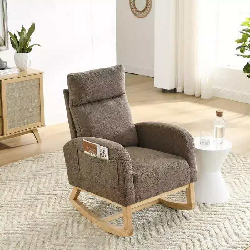 Sillón mecedora deslizante tapizado beige/café/gris/marfil con bolsillos laterales, asiento individual
