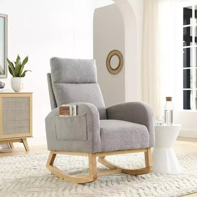 Sillón mecedora deslizante tapizado beige/café/gris/marfil con bolsillos laterales, asiento individual