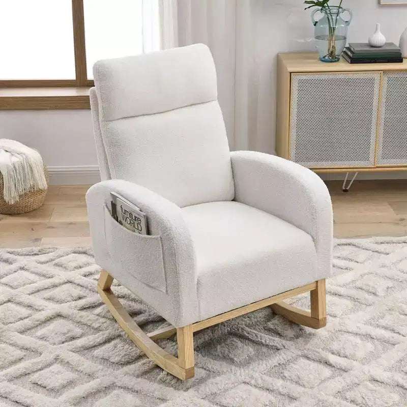 Sillón mecedora deslizante tapizado beige/café/gris/marfil con bolsillos laterales, asiento individual